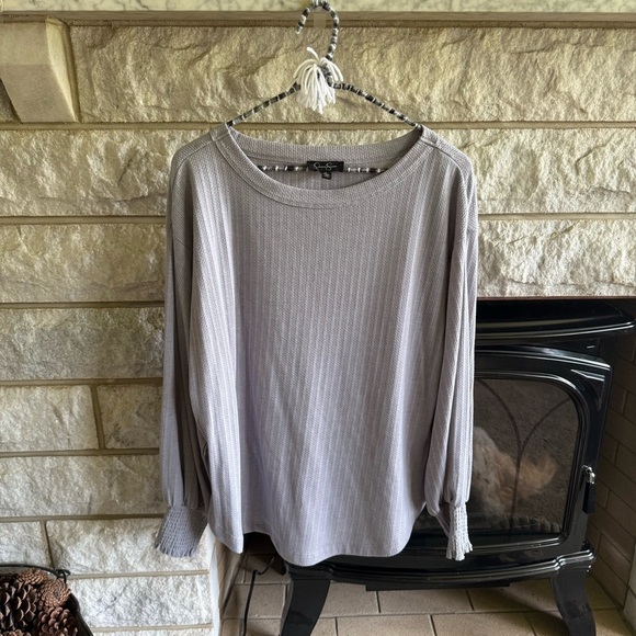 Jessica Simpson Ribbed Gray Top Medium Rouched Sleeve - Picture 1 of 8